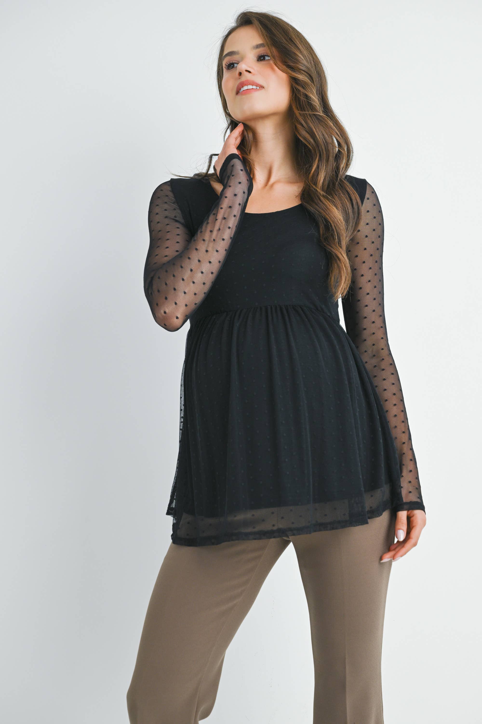 Black Polka Dot Mesh Sleeve Maternity Top