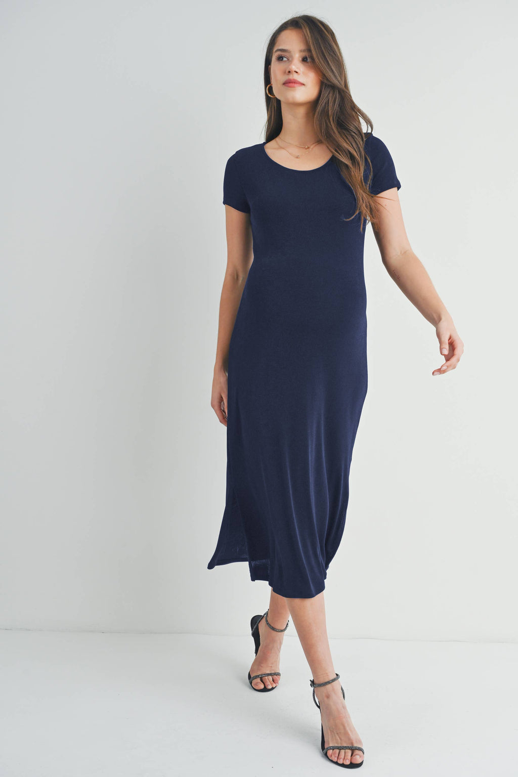 Black Round Neck Double Slit Maternity Midi Dress