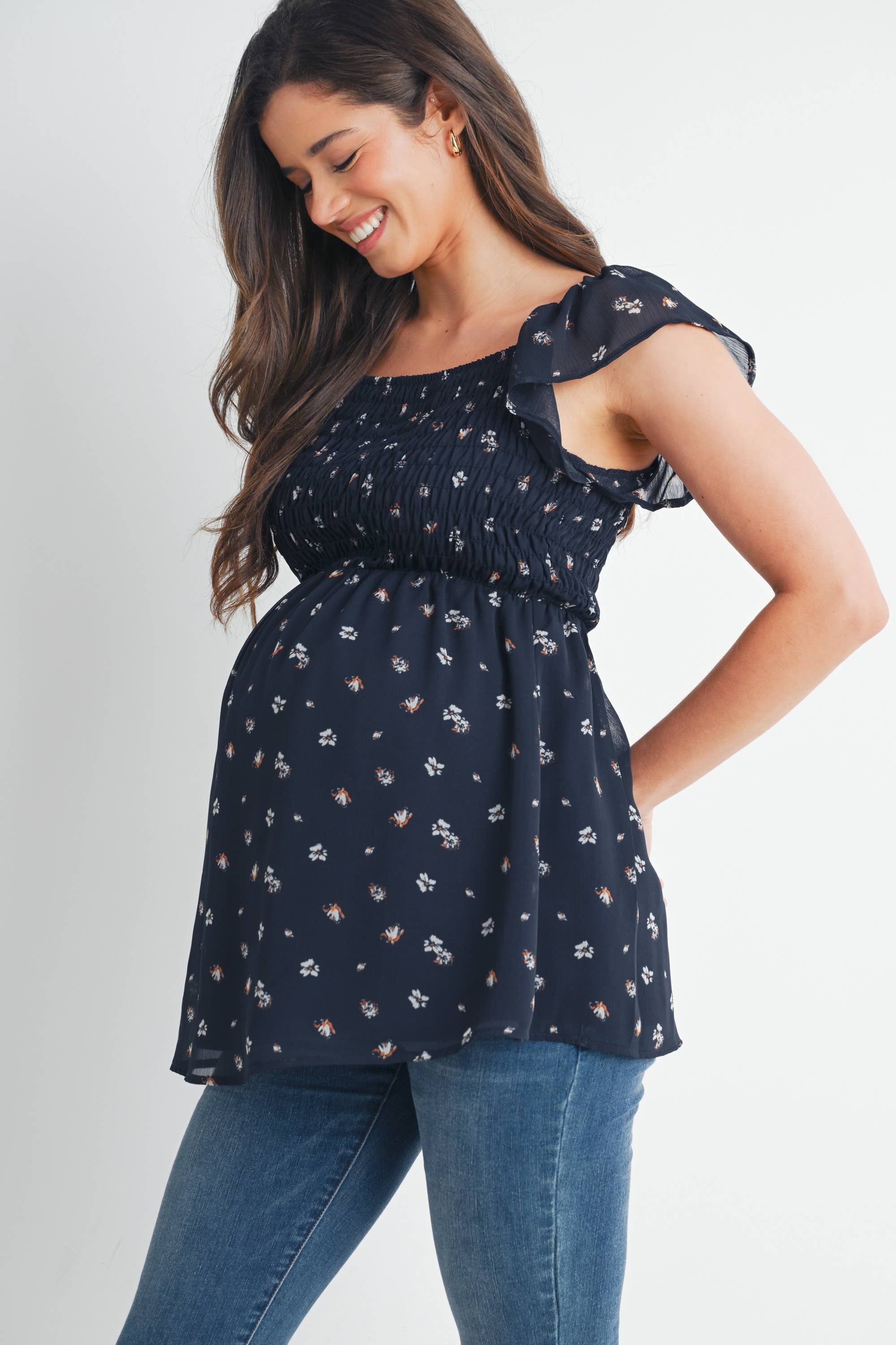 Navy Floral Flutter Sleeve Maternity Smocked Top