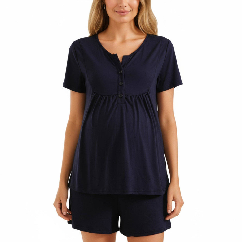 Black 2-Piece Maternity Pajama Set with Short Sleeve Henley Top