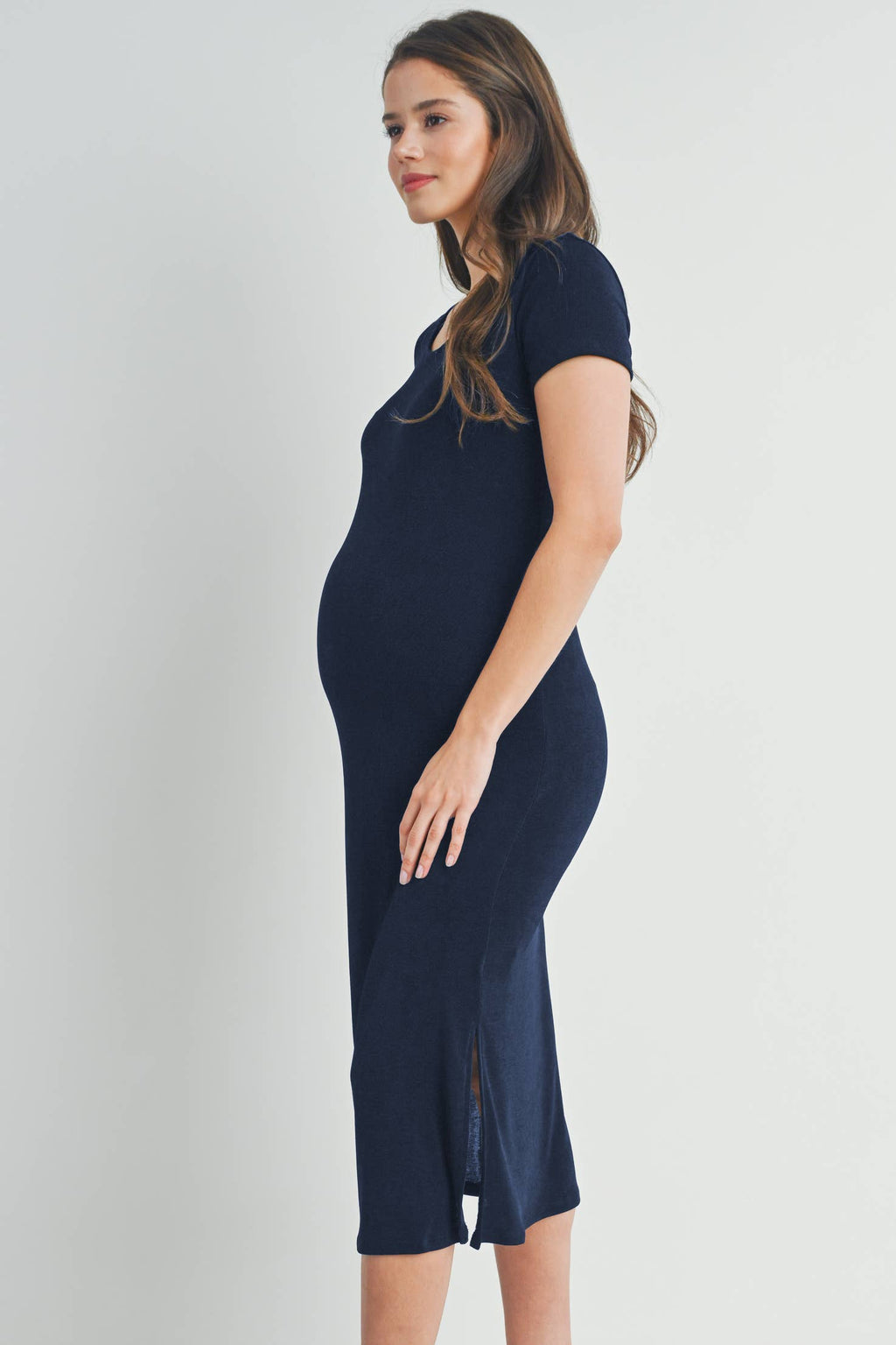 Black Round Neck Double Slit Maternity Midi Dress