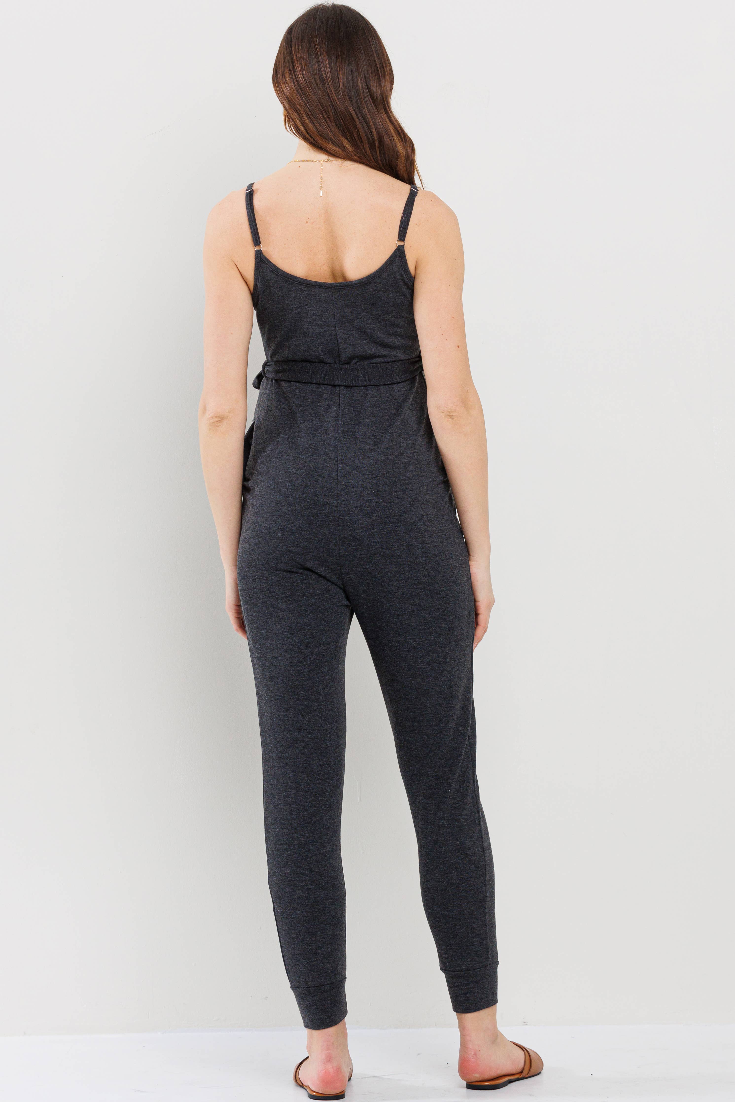 Black Sleeveless Belted Maternity Knit Jumpsuit