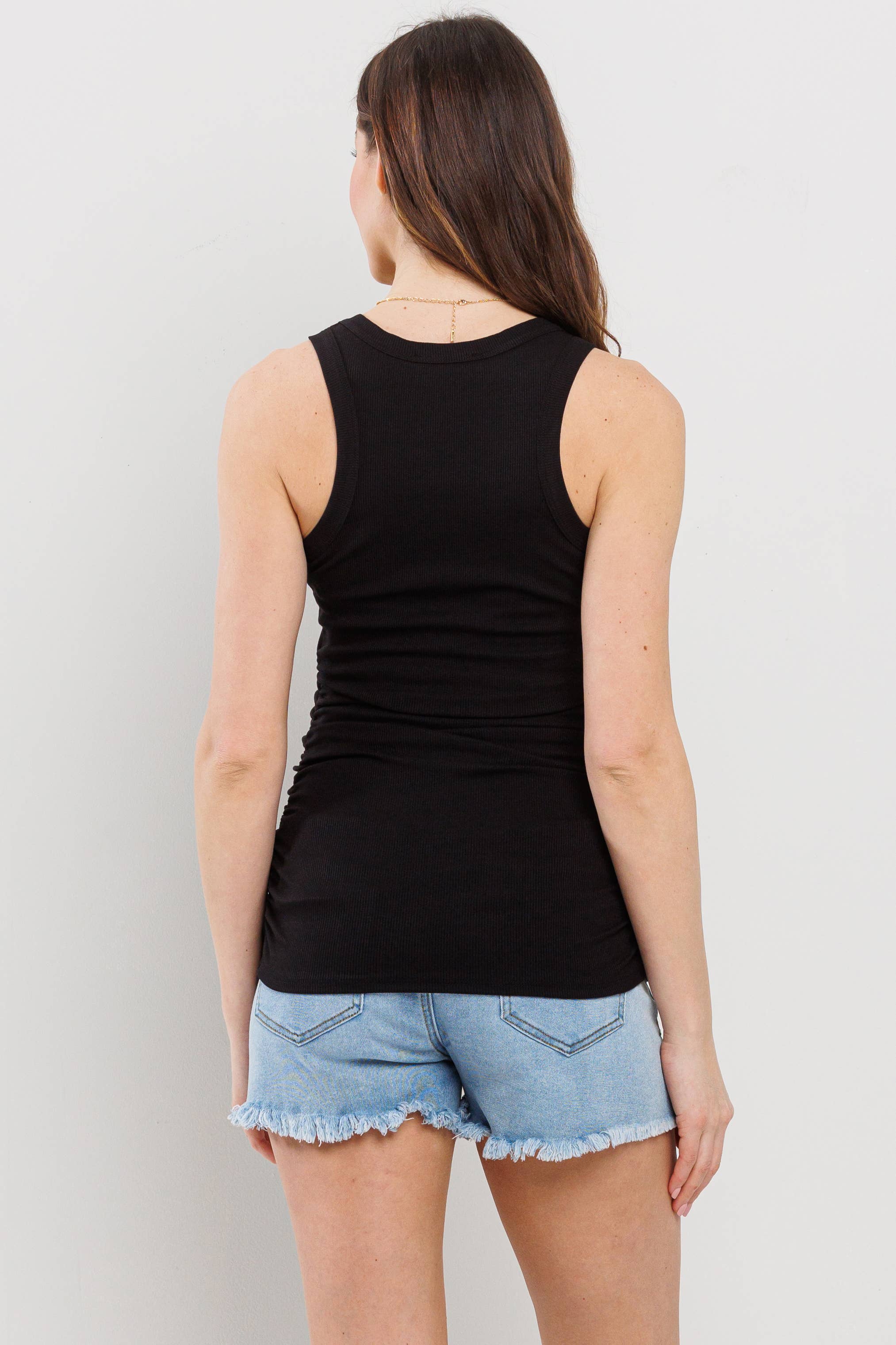 Black Ruched V-Neck Maternity Ribbed Tank Top