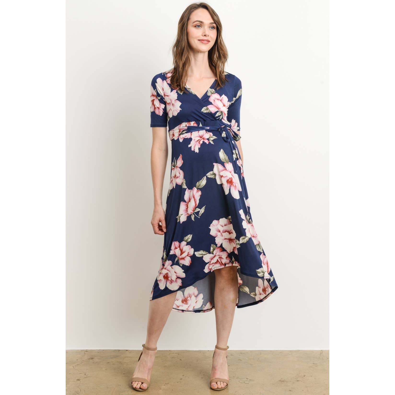 Navy Blue Floral High-Low Nursing Surplice Dress