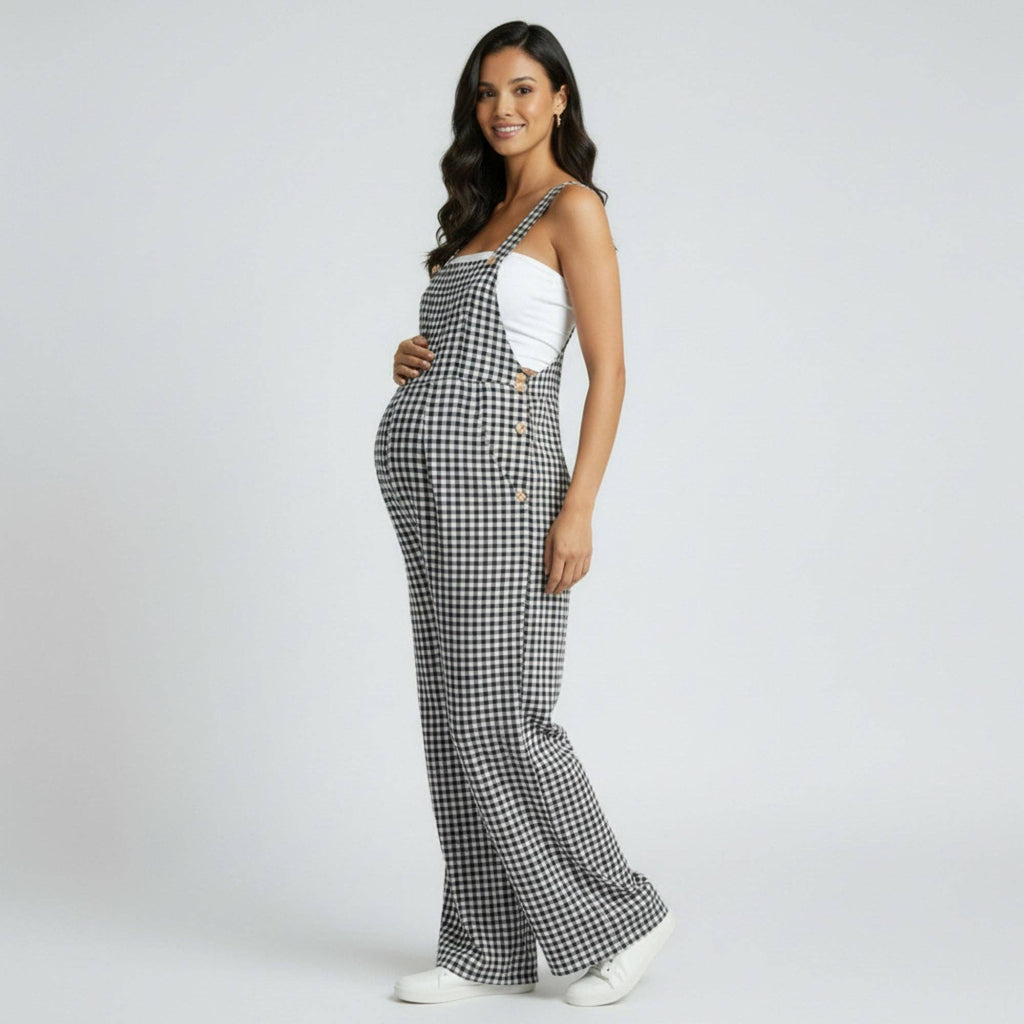 Maternity Gingham Wide Leg Jumpsuit with Adjustable Strap Overalls