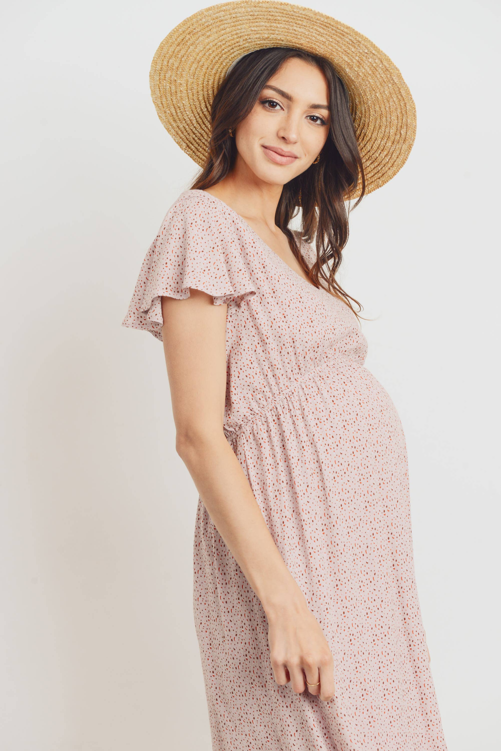 Pink Flutter Sleeve V-Neck Maternity Ruffle Midi Dress