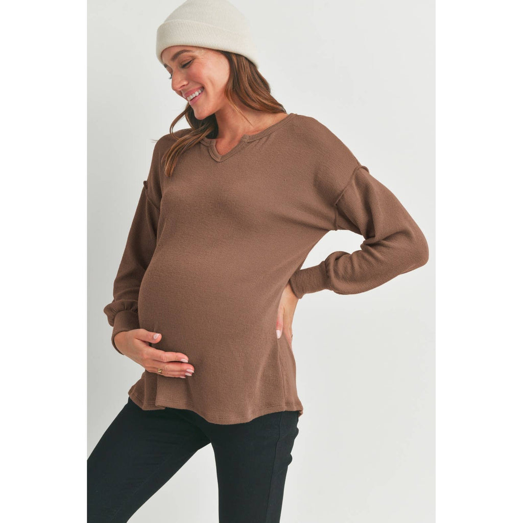 Brown Split Neck Long Sleeve Maternity Lightweight Knit Sweatshirt