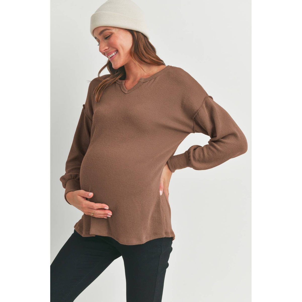 Brown Split Neck Long Sleeve Maternity Lightweight Knit Sweatshirt