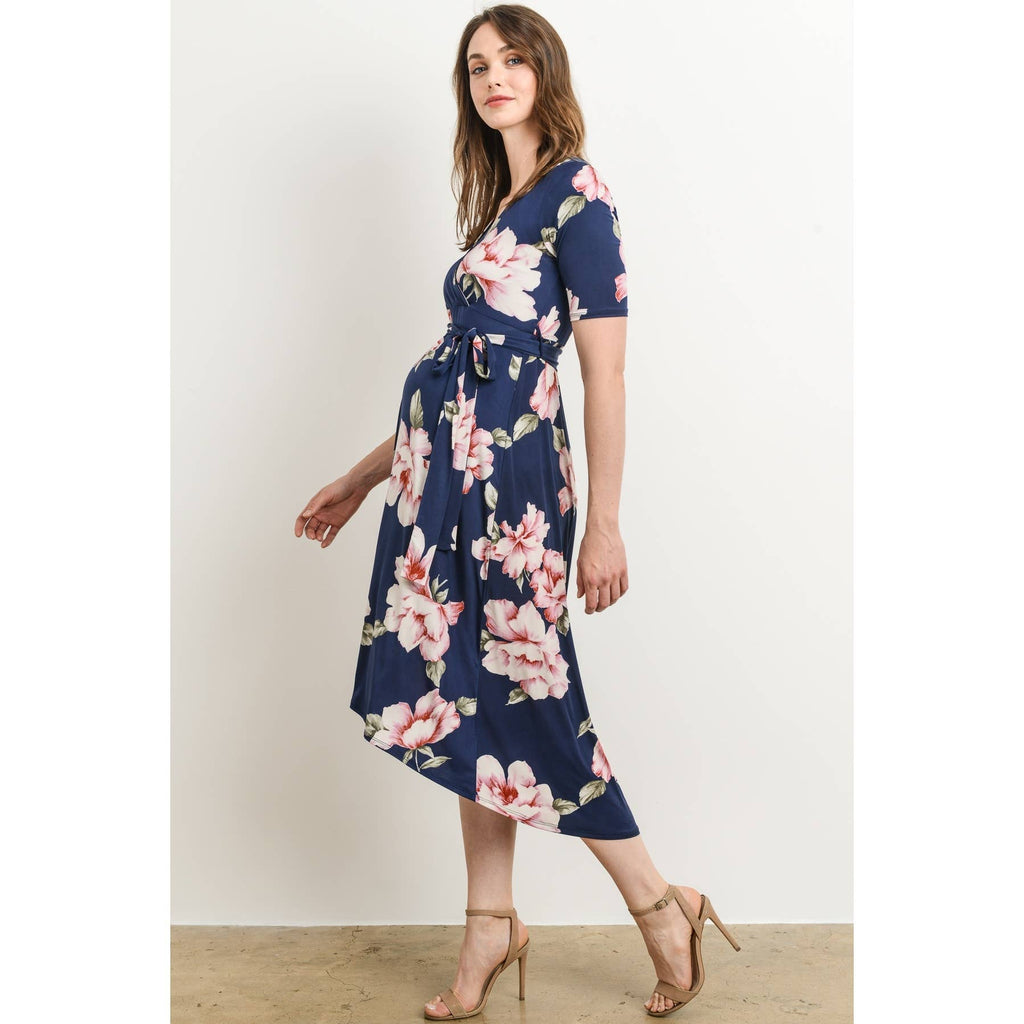 Navy Blue Floral High-Low Nursing Surplice Dress