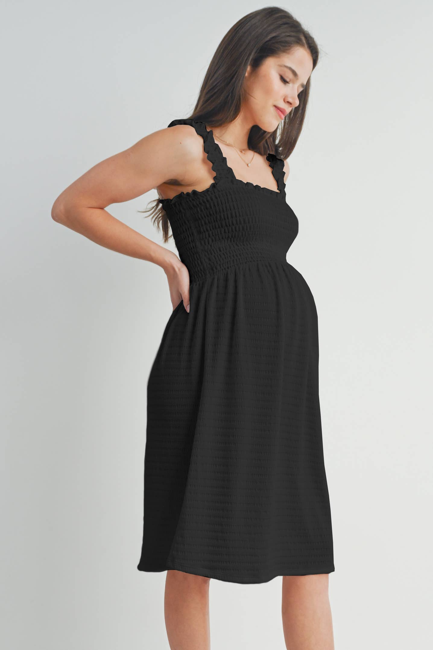 Black Smocked Sleeveless Maternity Knit Dress