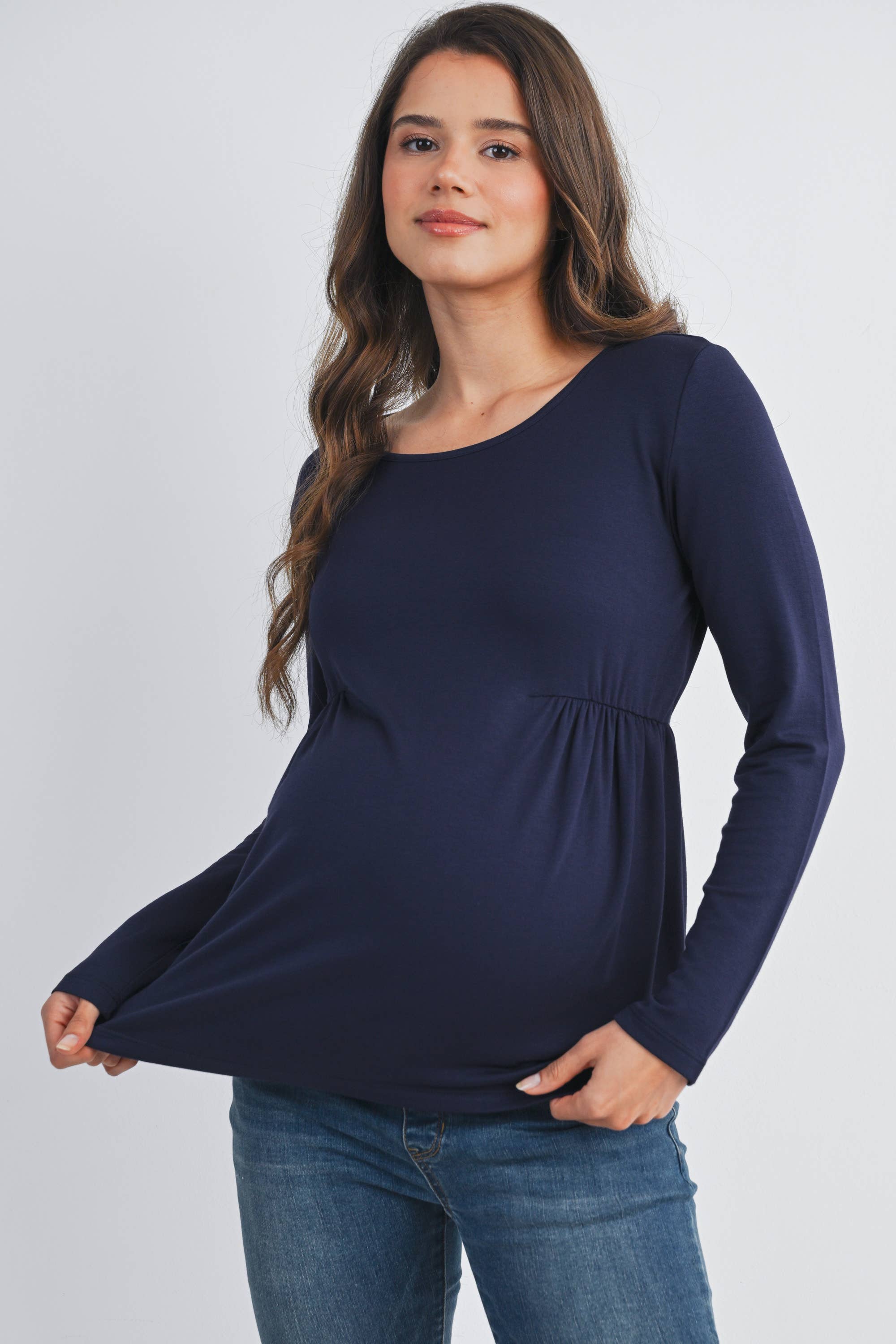 Navy French Terry Long Sleeve Scoop Neck Maternity Top