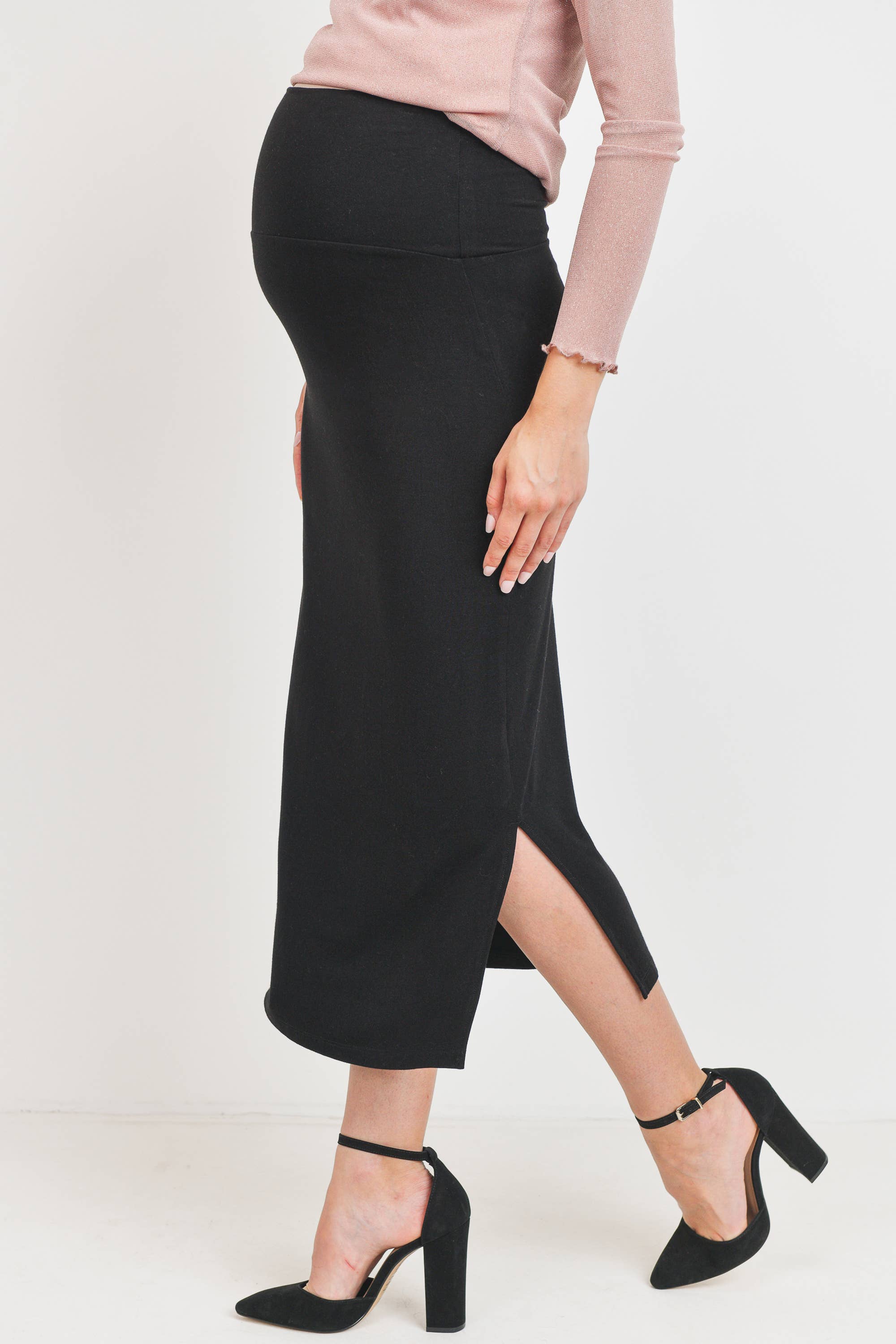 Black High-Waisted Maternity Midi Slit Skirt