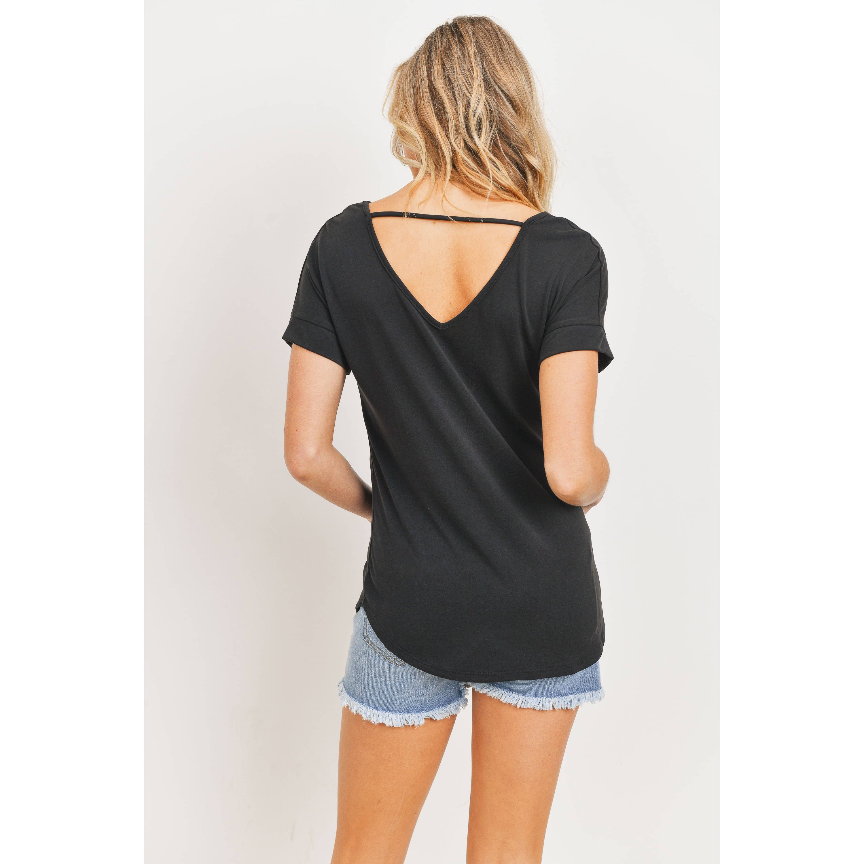 Black V-Neck Open Back Short Sleeve Maternity T-Shirt