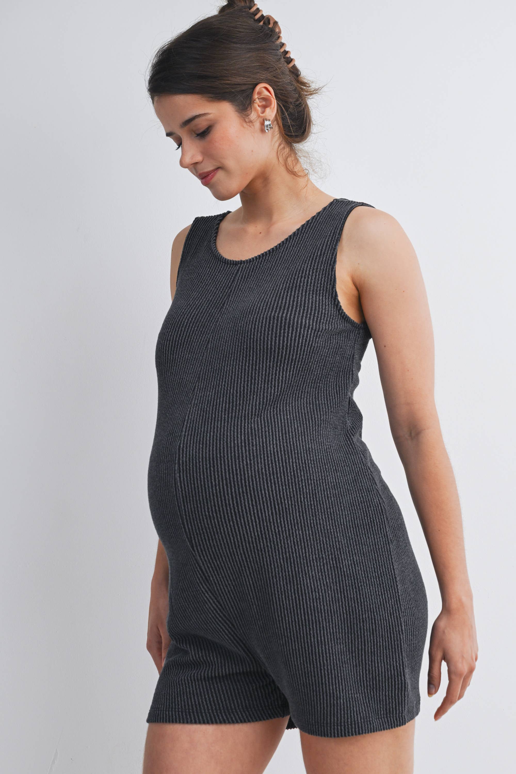 Charcoal Sleeveless Ribbed Knit Maternity Romper