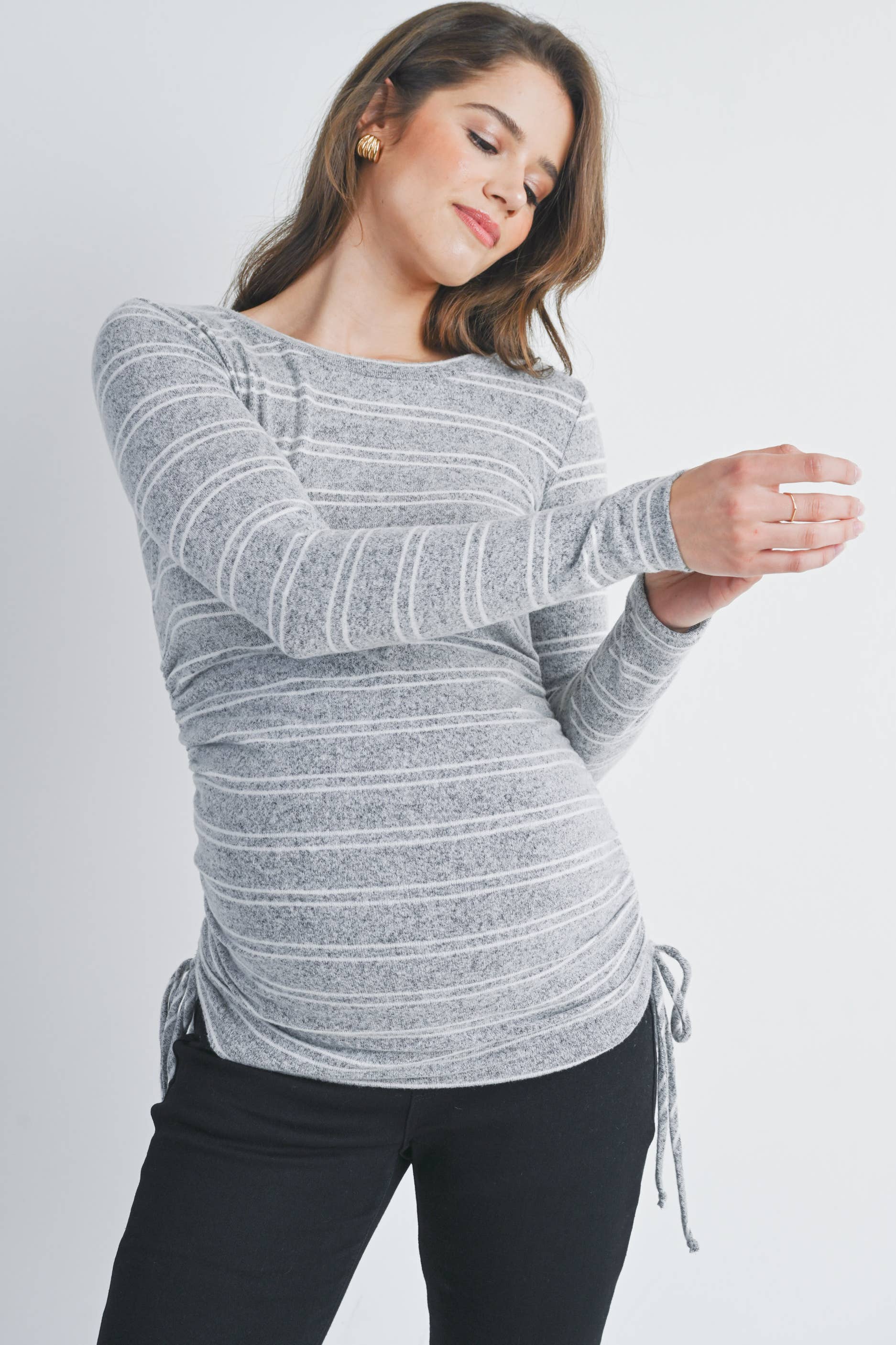 Gray/Ivory Striped Ruched Maternity Long Sleeve Knit Top