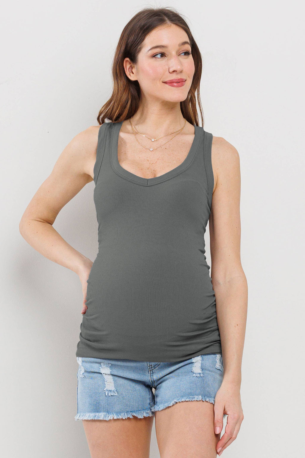 Charcoal Ruched V-Neck Maternity Ribbed Tank Top