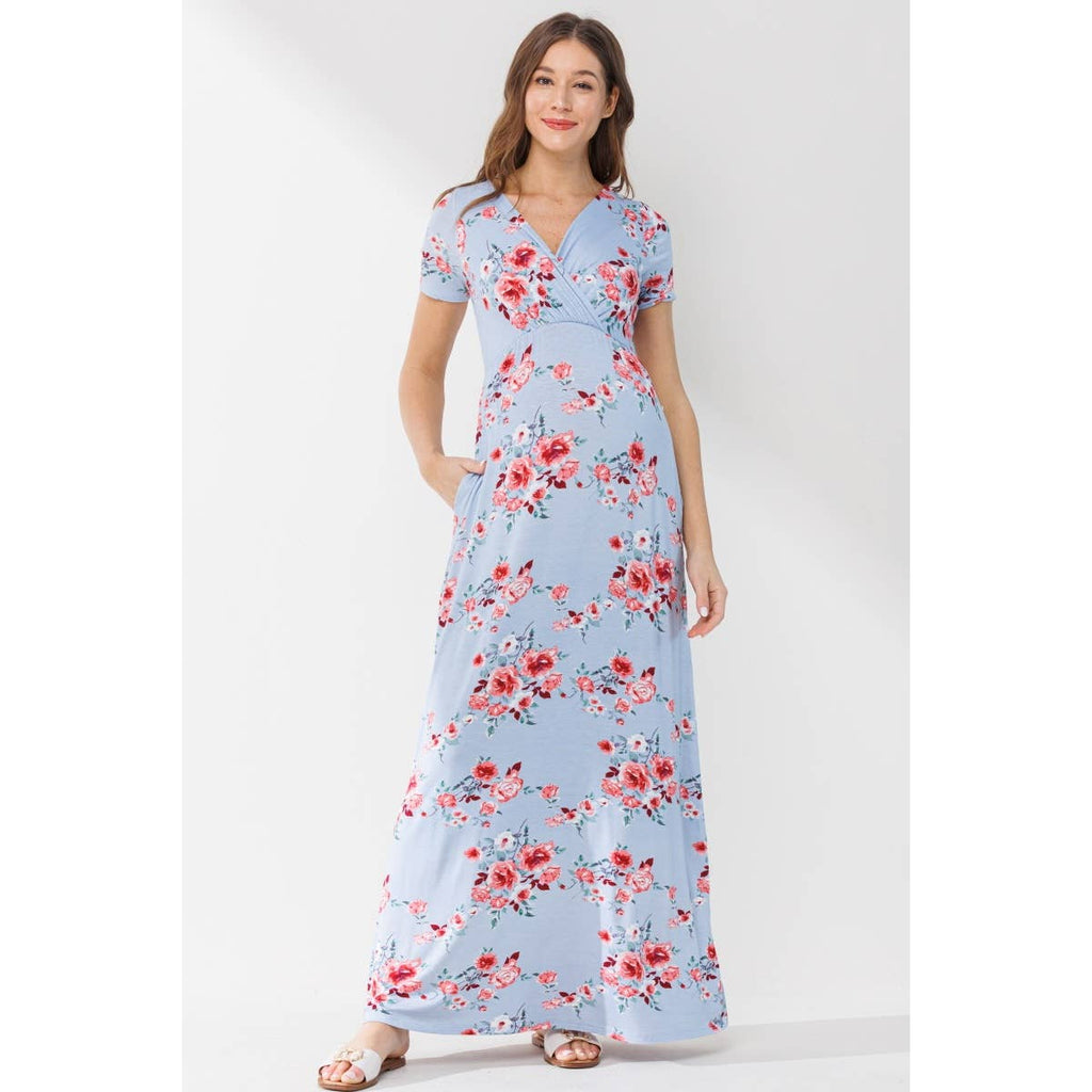 Chambray Short Sleeve Floral Maternity Nursing Maxi Dress