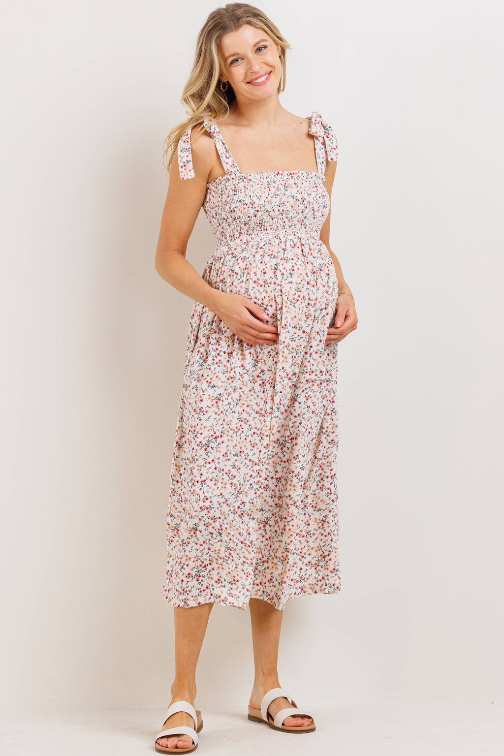 Blush Floral Smocked Tie-Strap Maternity Midi Dress