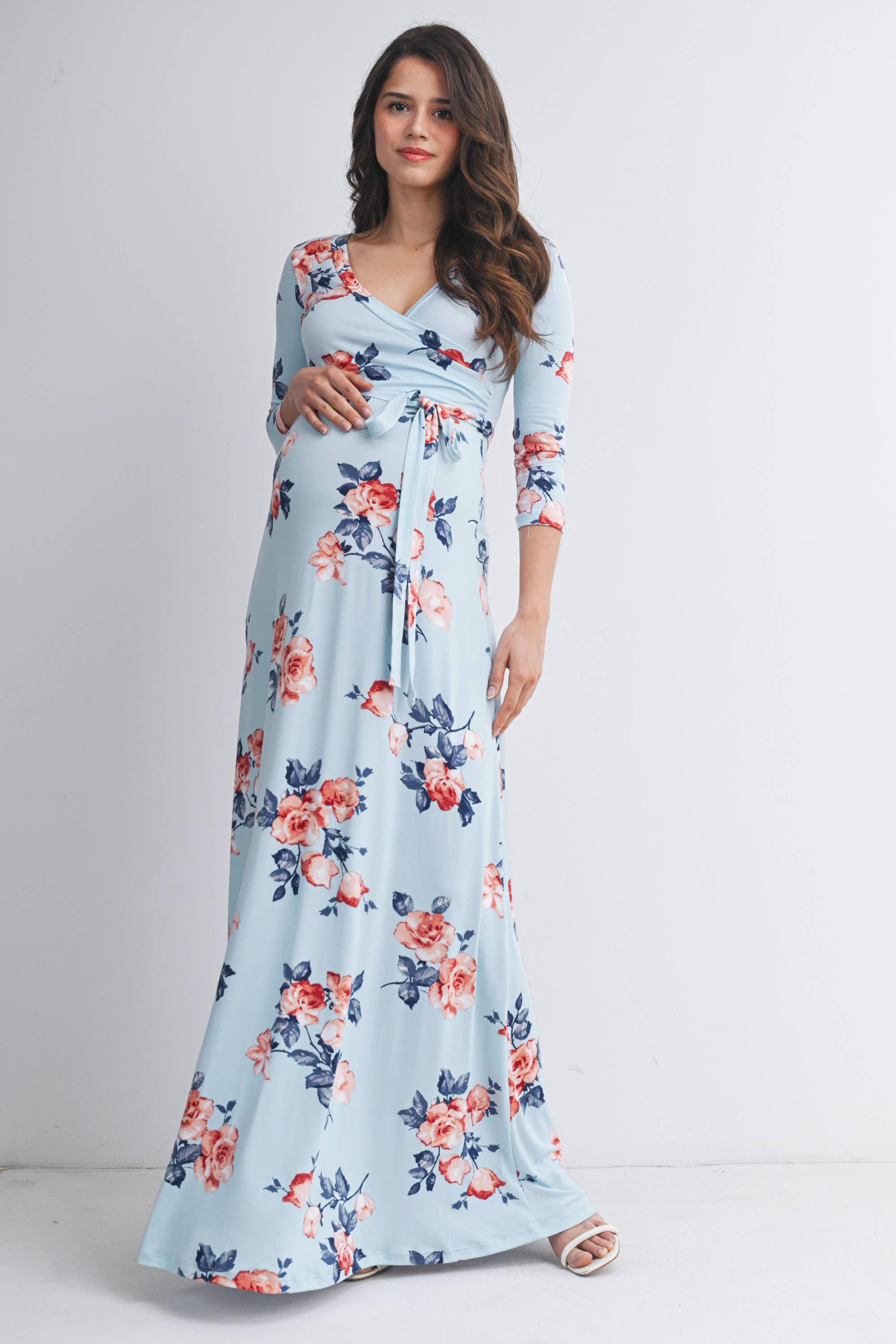 Sky Blue Floral Maternity Nursing Surplice Maxi Dress
