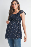Navy Floral Flutter Sleeve Maternity Smocked Top