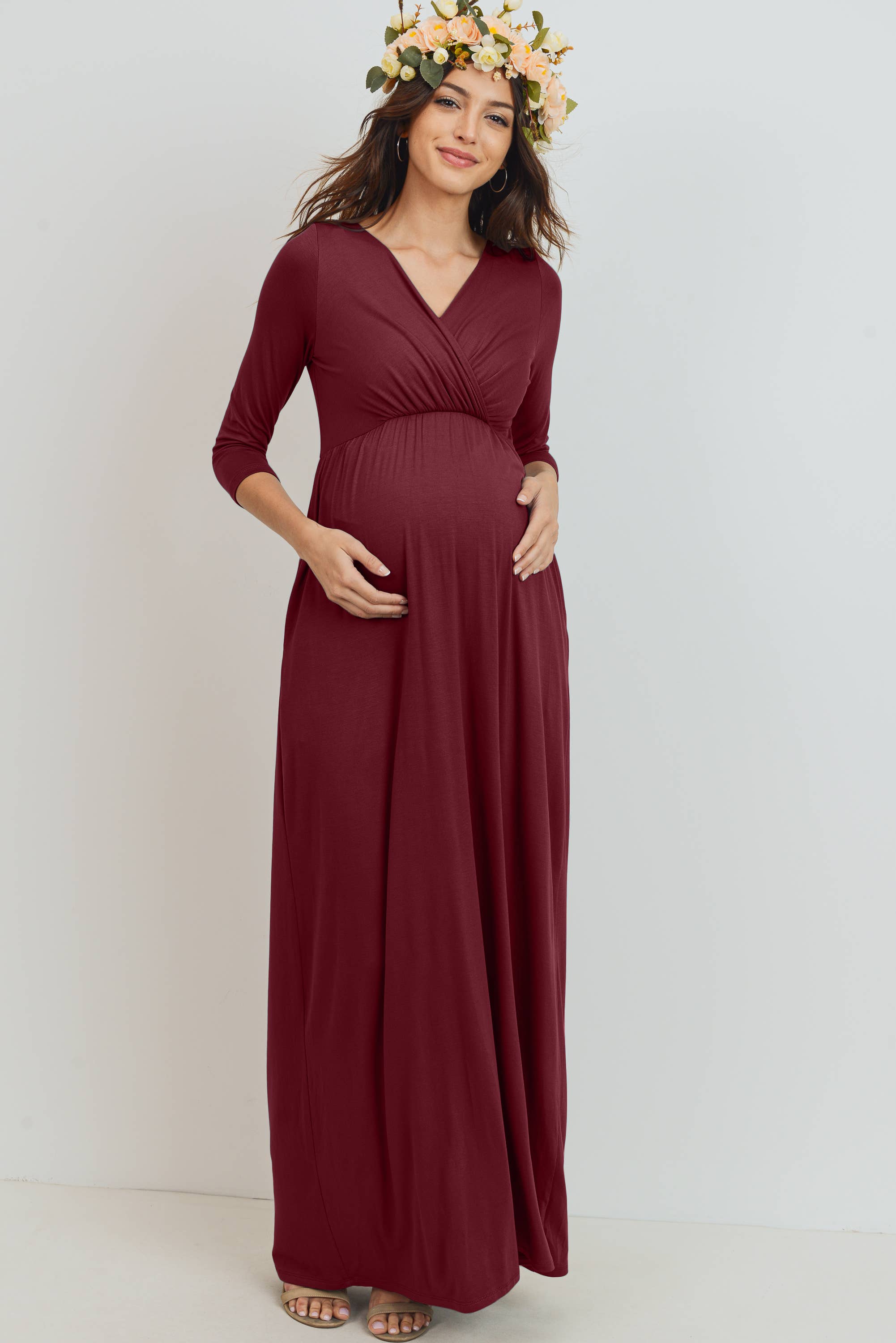 Burgundy Criss Cross  Quarter Sleeve Maternity to Nursing Maxi Dress