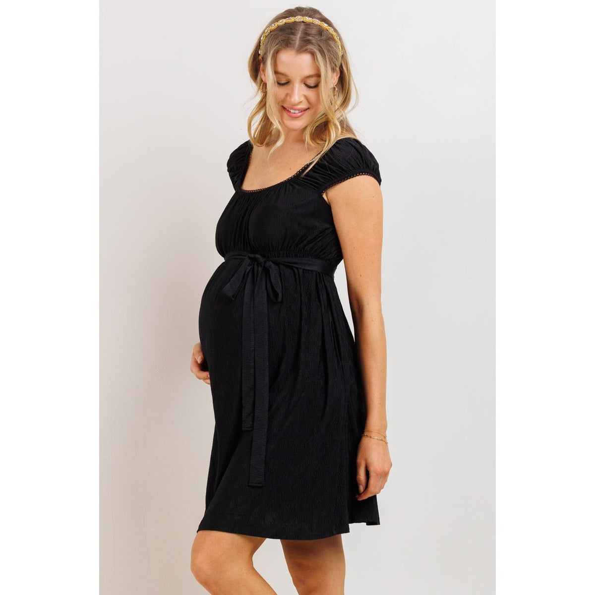 Black Lace Trim Cap Sleeve Maternity Babydoll Dress