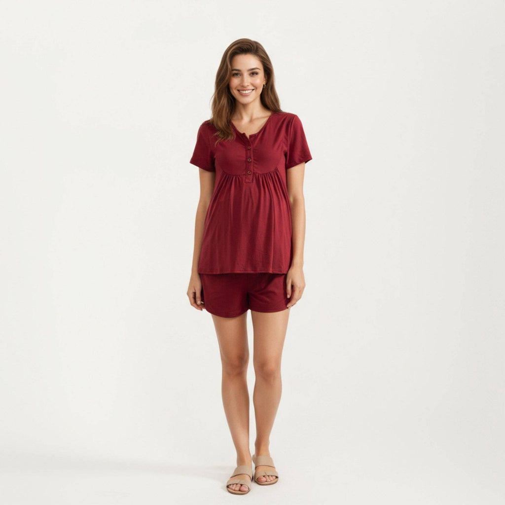 Burgundy 2-Piece Maternity Pajama Set with Short Sleeve Henley Top