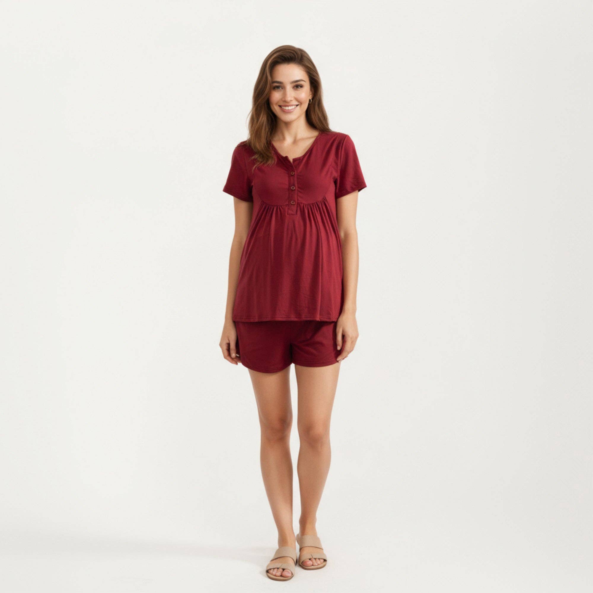 Burgundy 2-Piece Maternity Pajama Set with Short Sleeve Henley Top