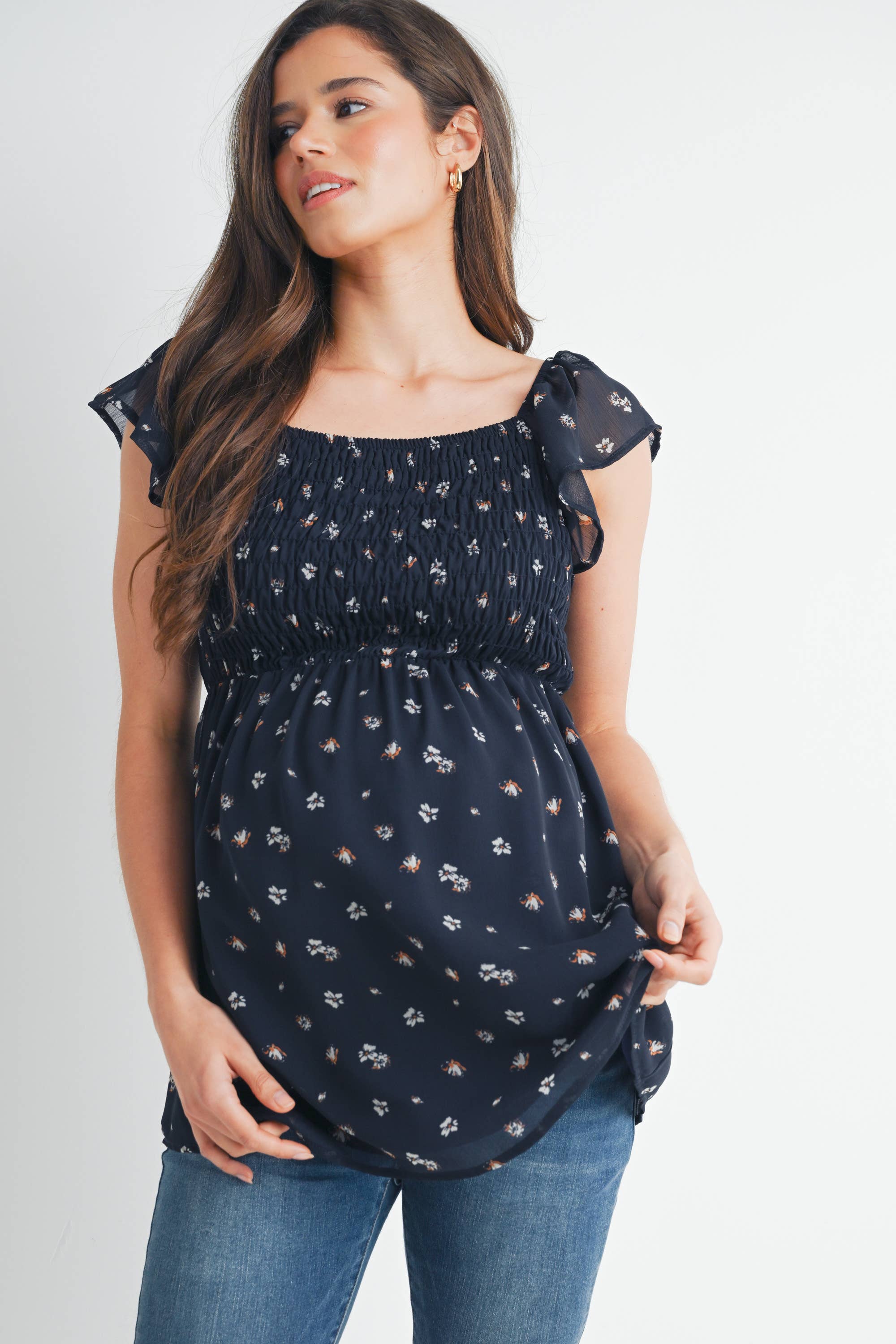 Navy Floral Flutter Sleeve Maternity Smocked Top