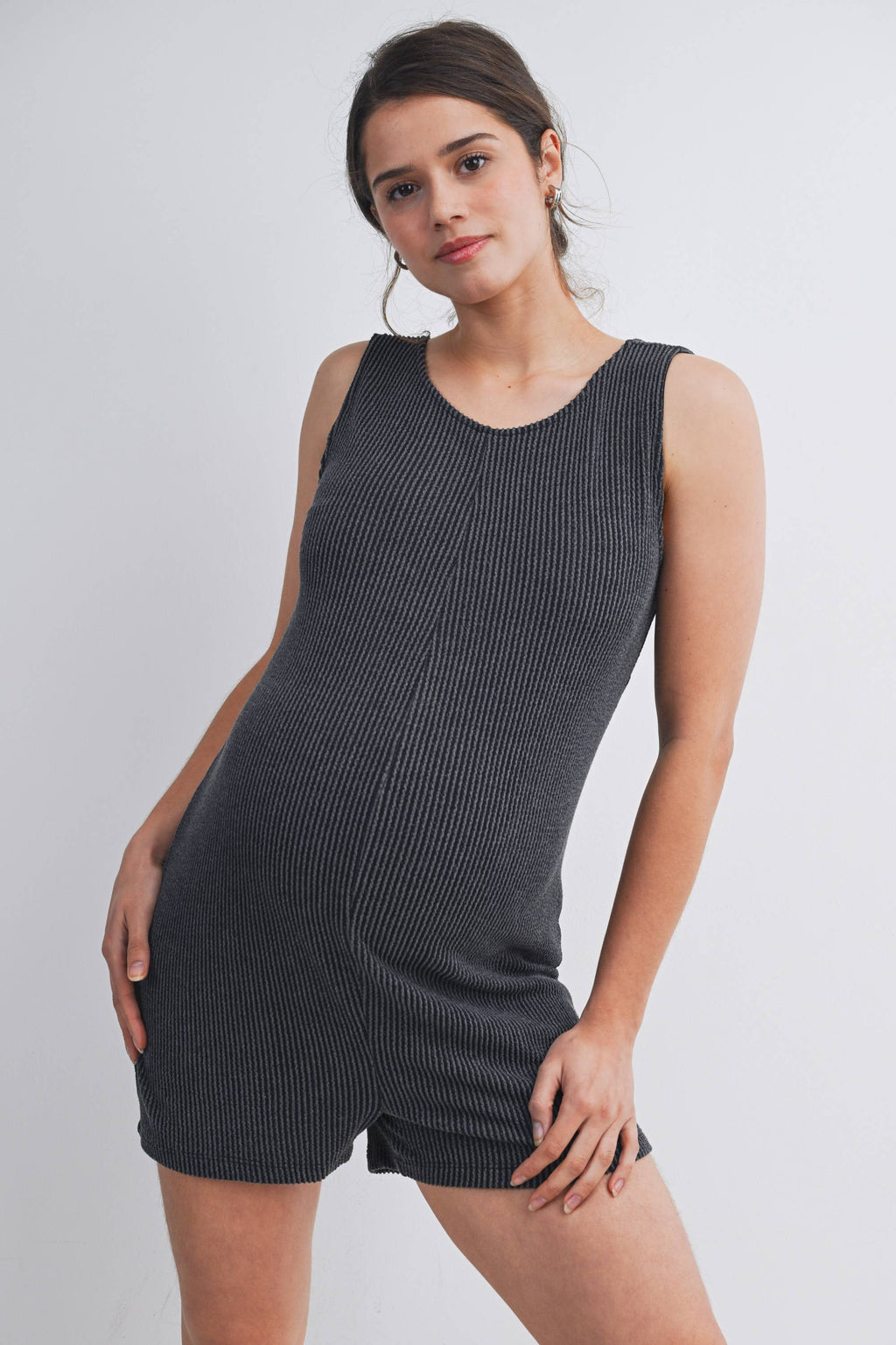 Charcoal Sleeveless Ribbed Knit Maternity Romper