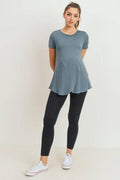 Sea Blue Solid Short Sleeve Tulip Hem Maternity Nursing Top