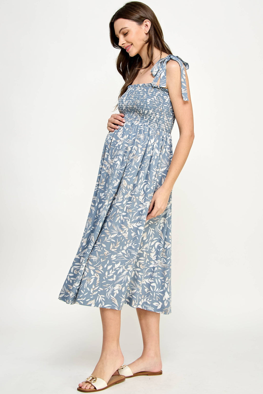 Light Blue Smocked Sleeveless Maternity Midi Dress