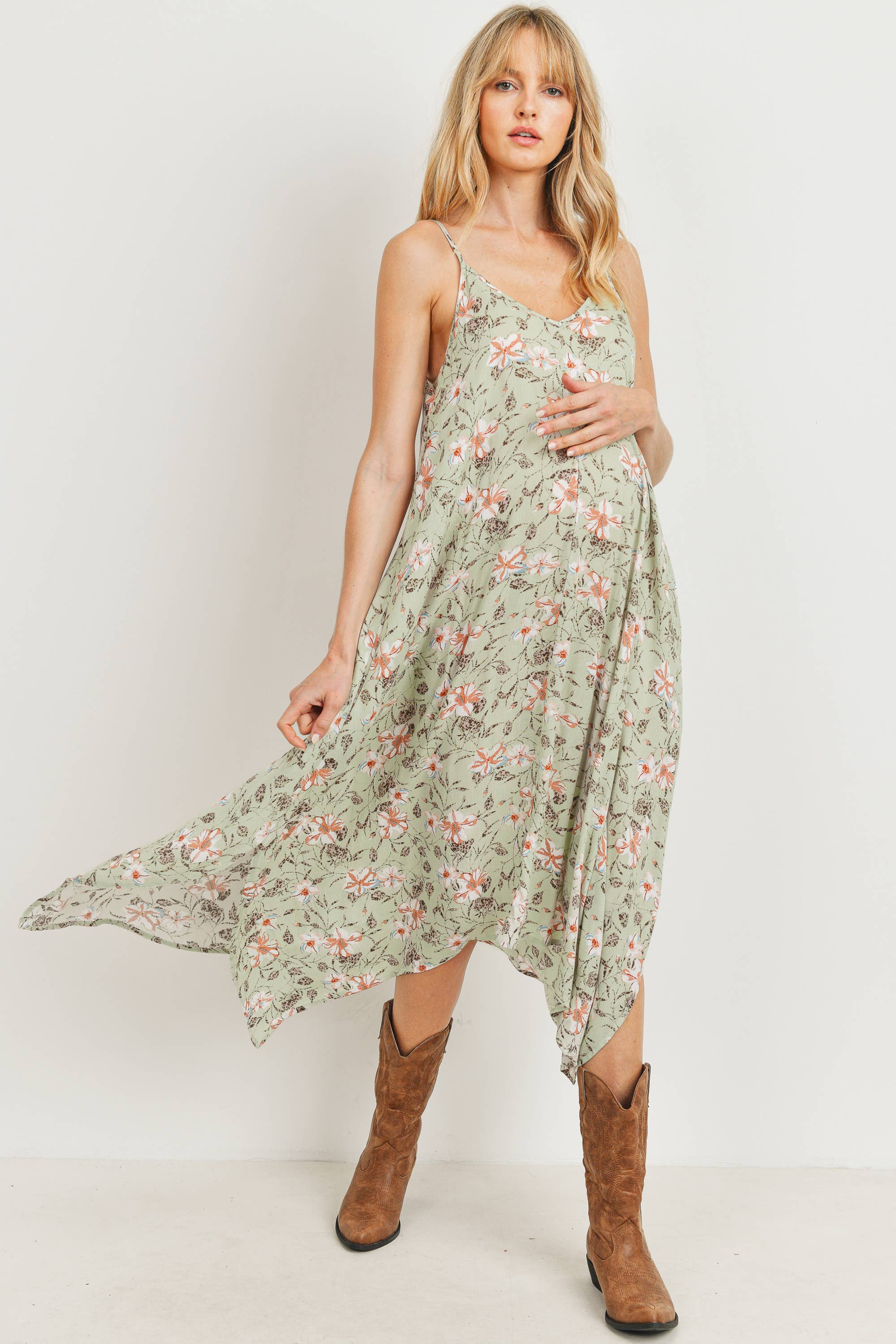 Sage Floral Print Sleeveless Maternity Midi Dress
