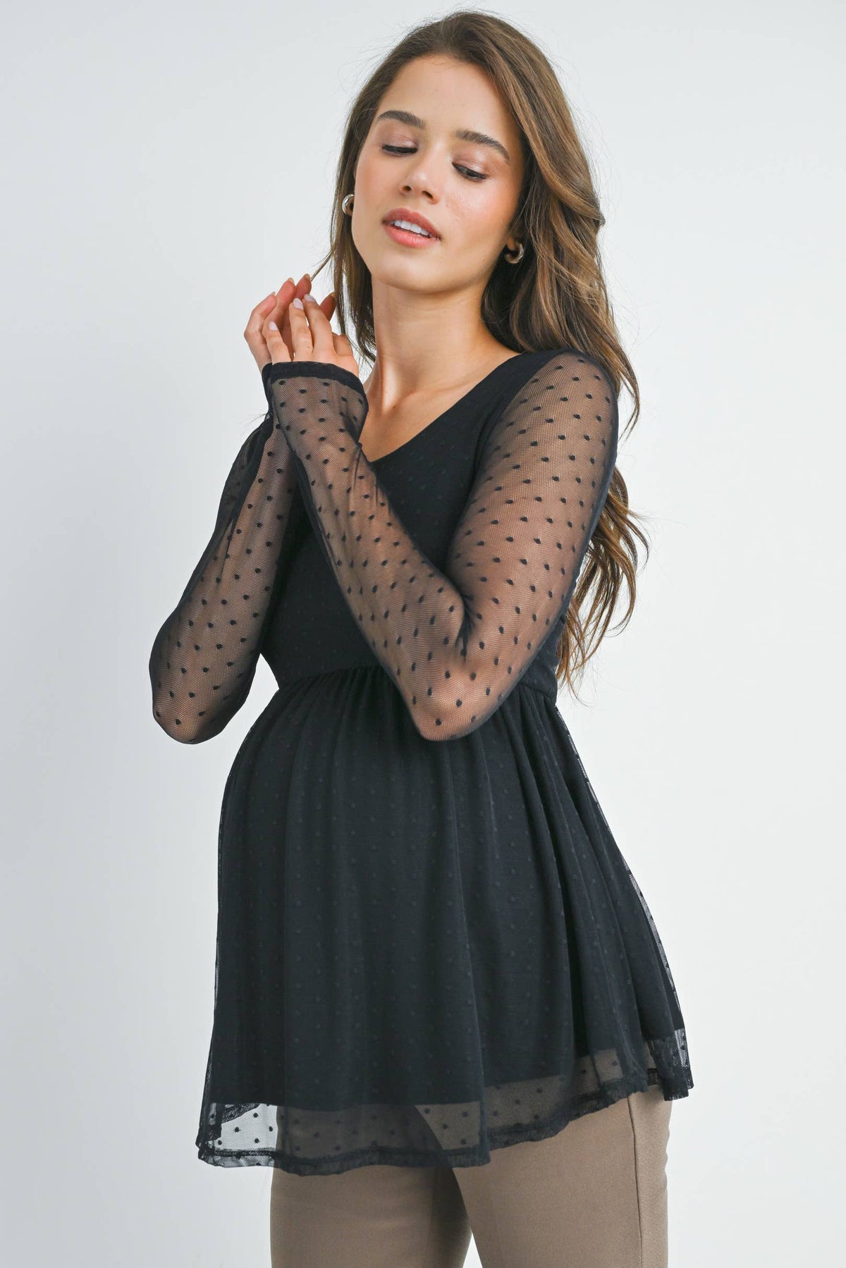 Black Polka Dot Mesh Sleeve Maternity Top