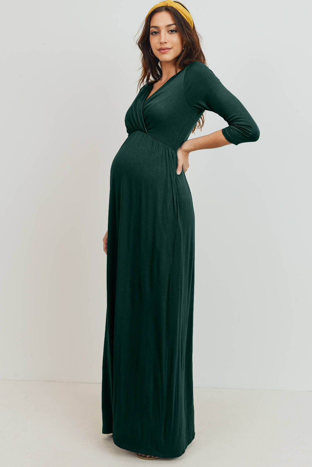 Hunter Green Surplice Quarter Sleeve Nursing Maxi Dress