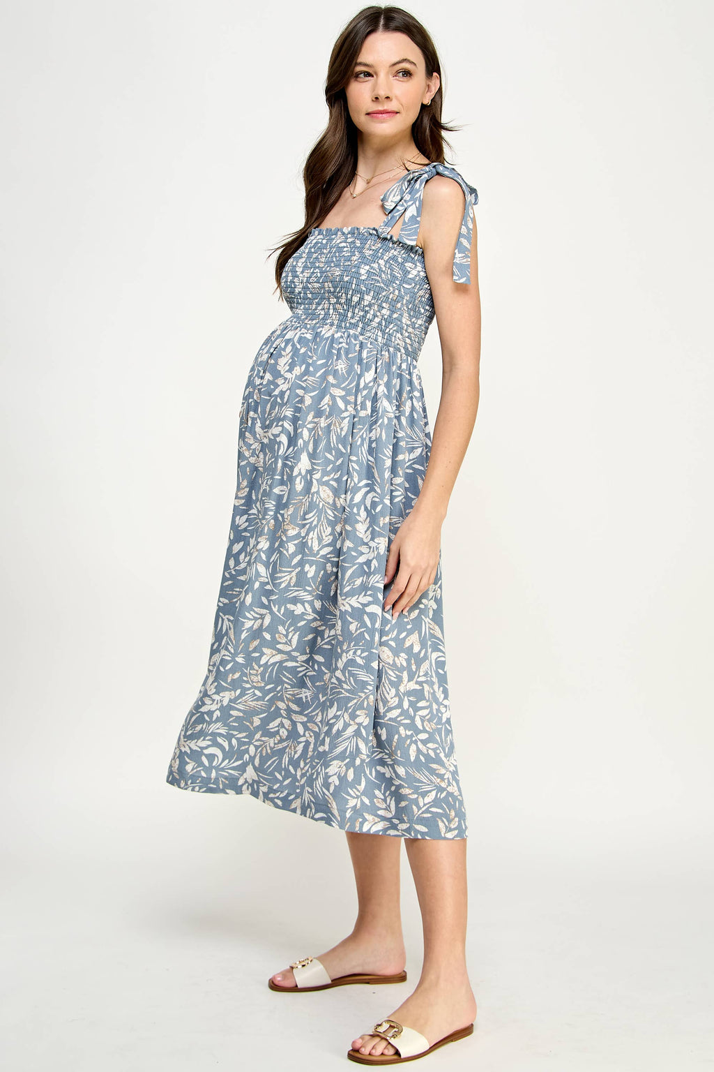 Light Blue Smocked Sleeveless Maternity Midi Dress