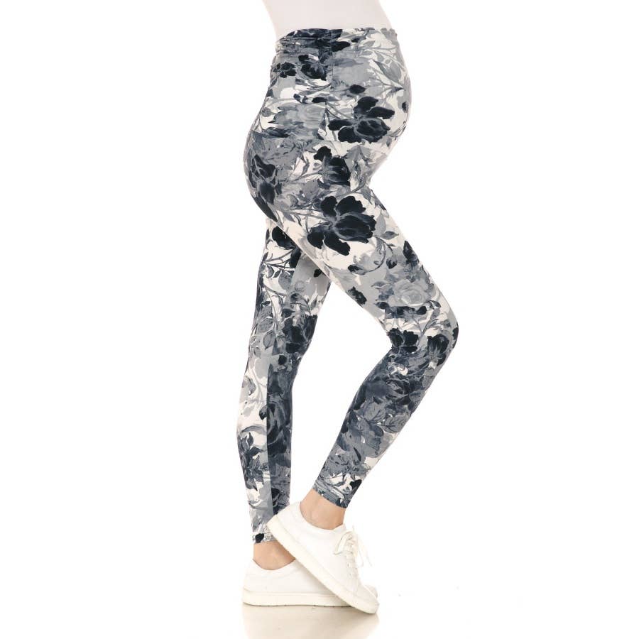 White/Black Floral Buttery Soft Full Length Ruched Maternity Leggings