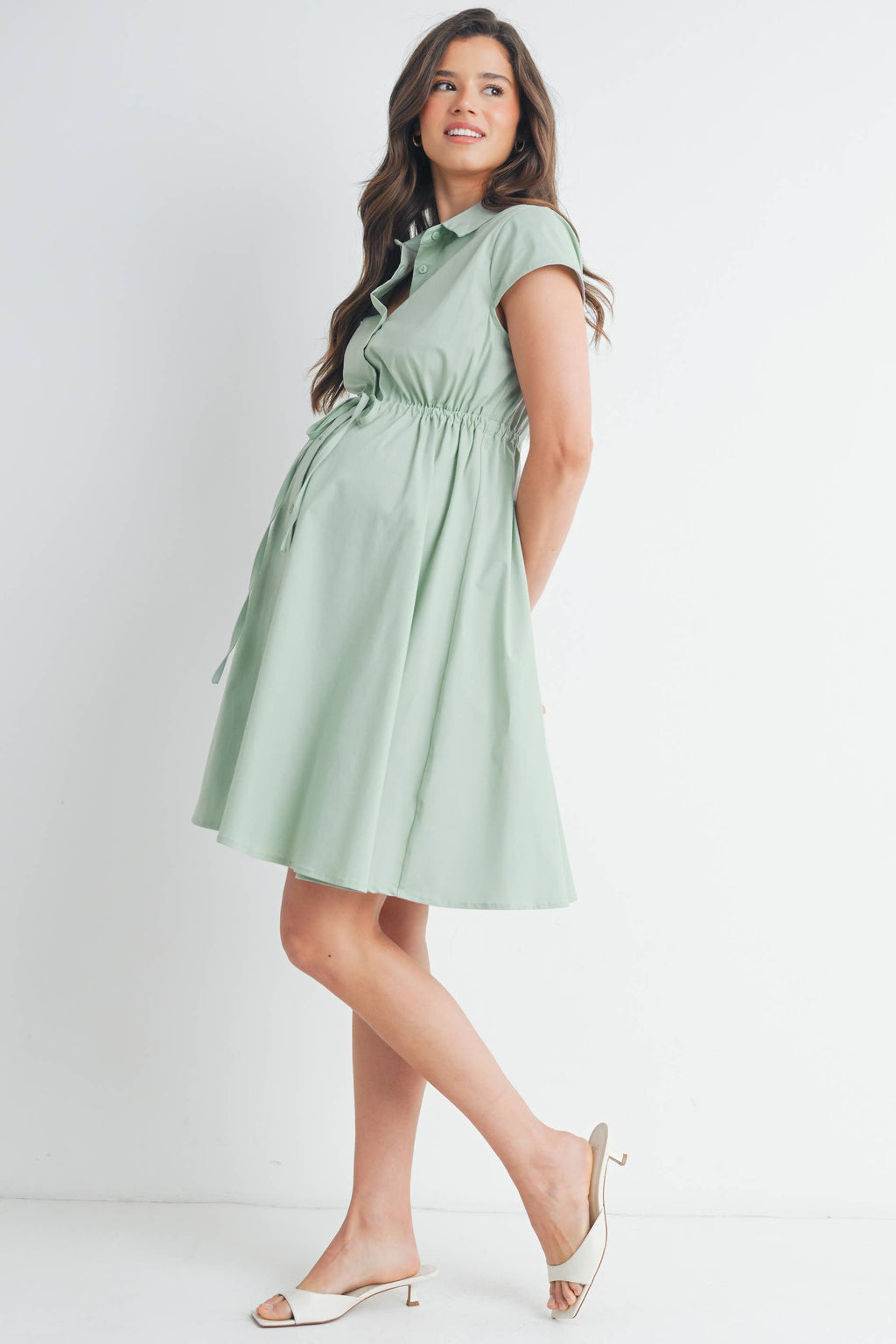 Sage Button Up Short Sleeve Maternity Shirt Dress