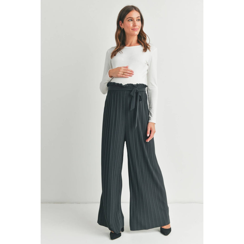 Grey Pleated Maternity Wide Leg Pants with Belt Tie