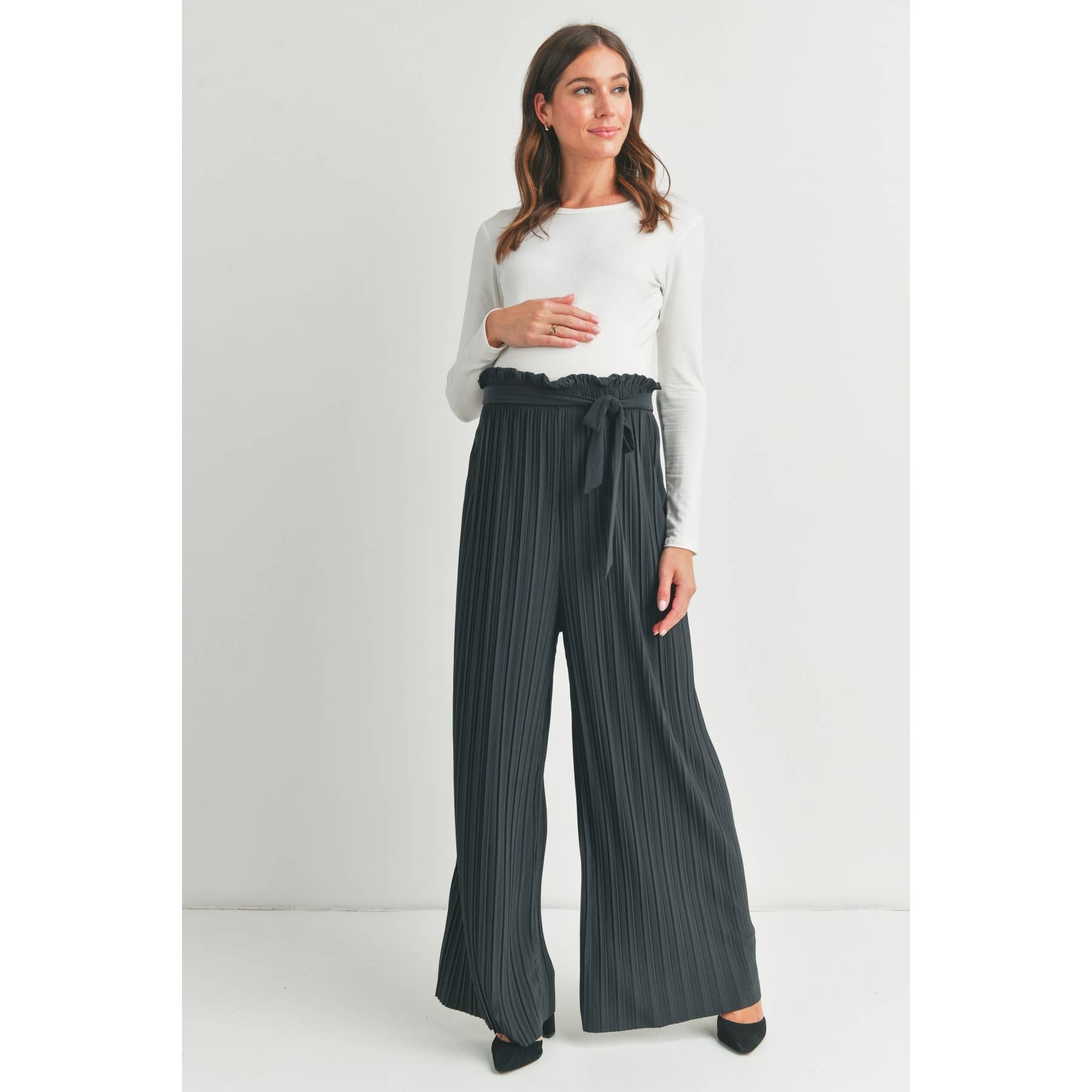 Grey Pleated Maternity Wide Leg Pants with Belt Tie