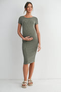 Olive Ribbed Short Sleeve Maternity Midi Dress with Scoop Back