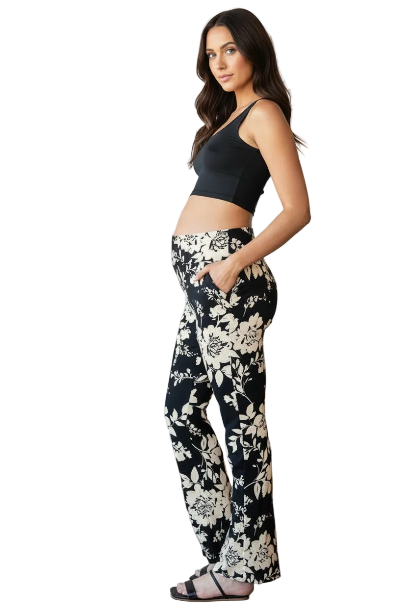 Black with Taupe Floral Under Belly Transition Pants