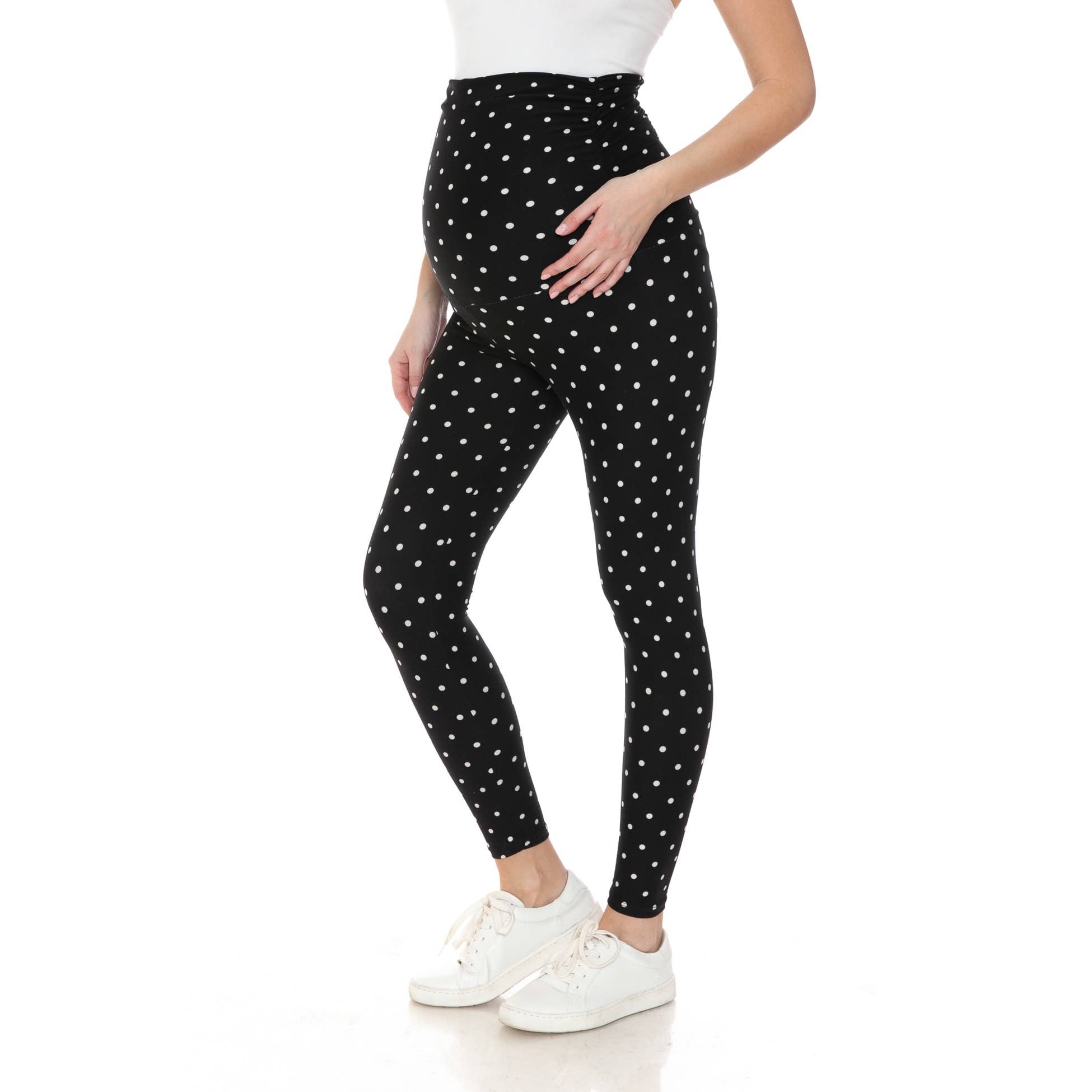 Black Polka Dot Buttery Soft Full Length Ruched Maternity Leggings