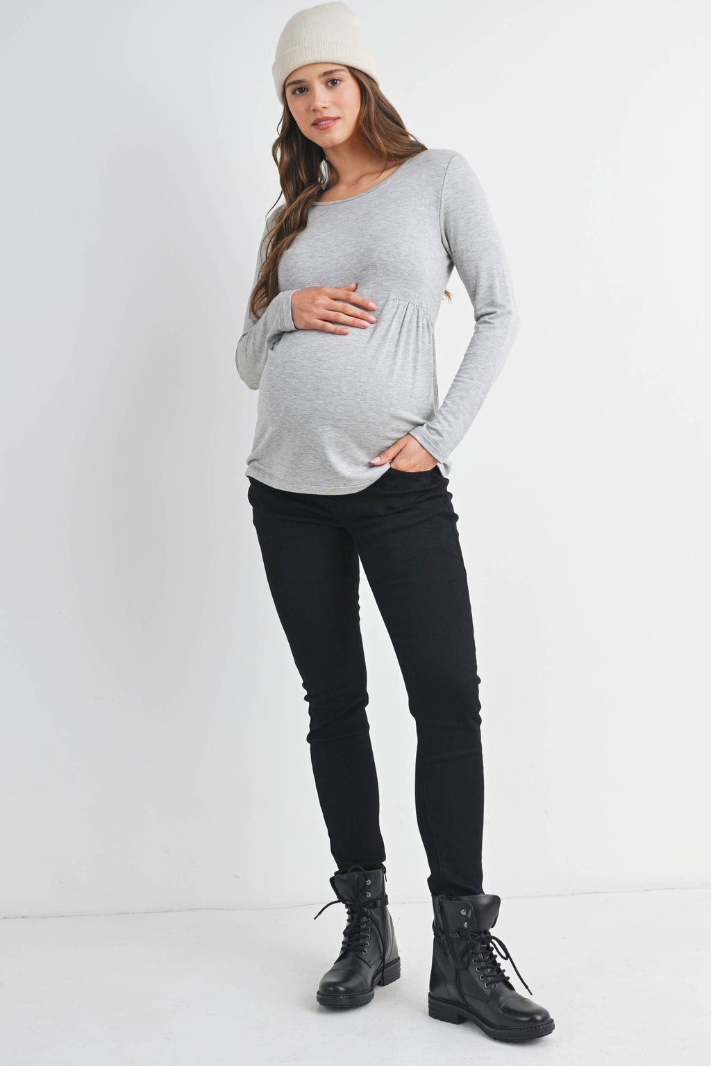 Heather Grey French Terry Long Sleeve Scoop Neck Maternity Top
