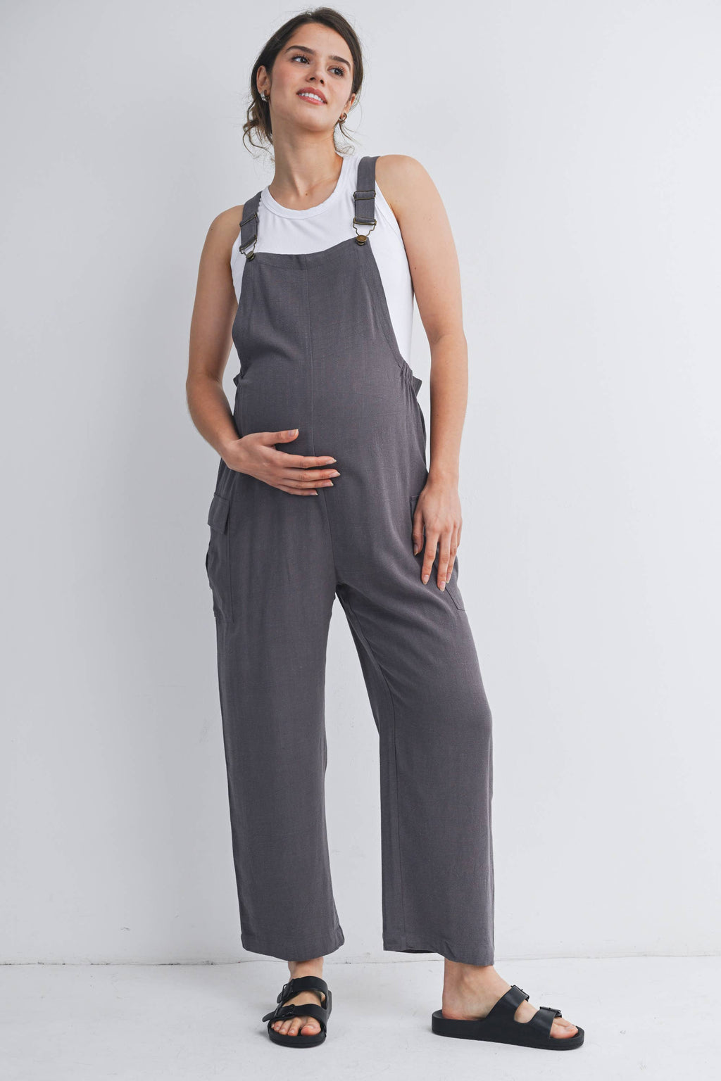 Straight Leg Maternity Adjustable Overalls  Grey