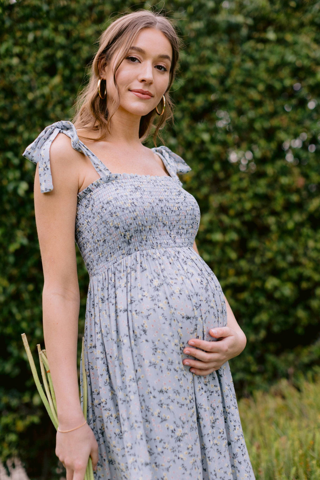 Sage Blue Floral Smocked Tie-Strap Maternity Midi Dress