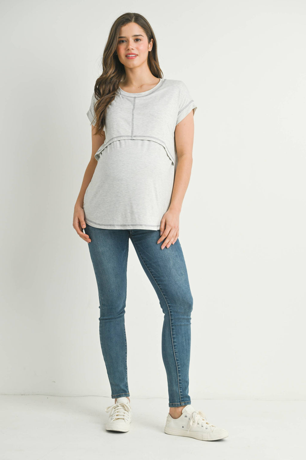 Oatmeal Double Layer Short Sleeve Maternity Nursing Top