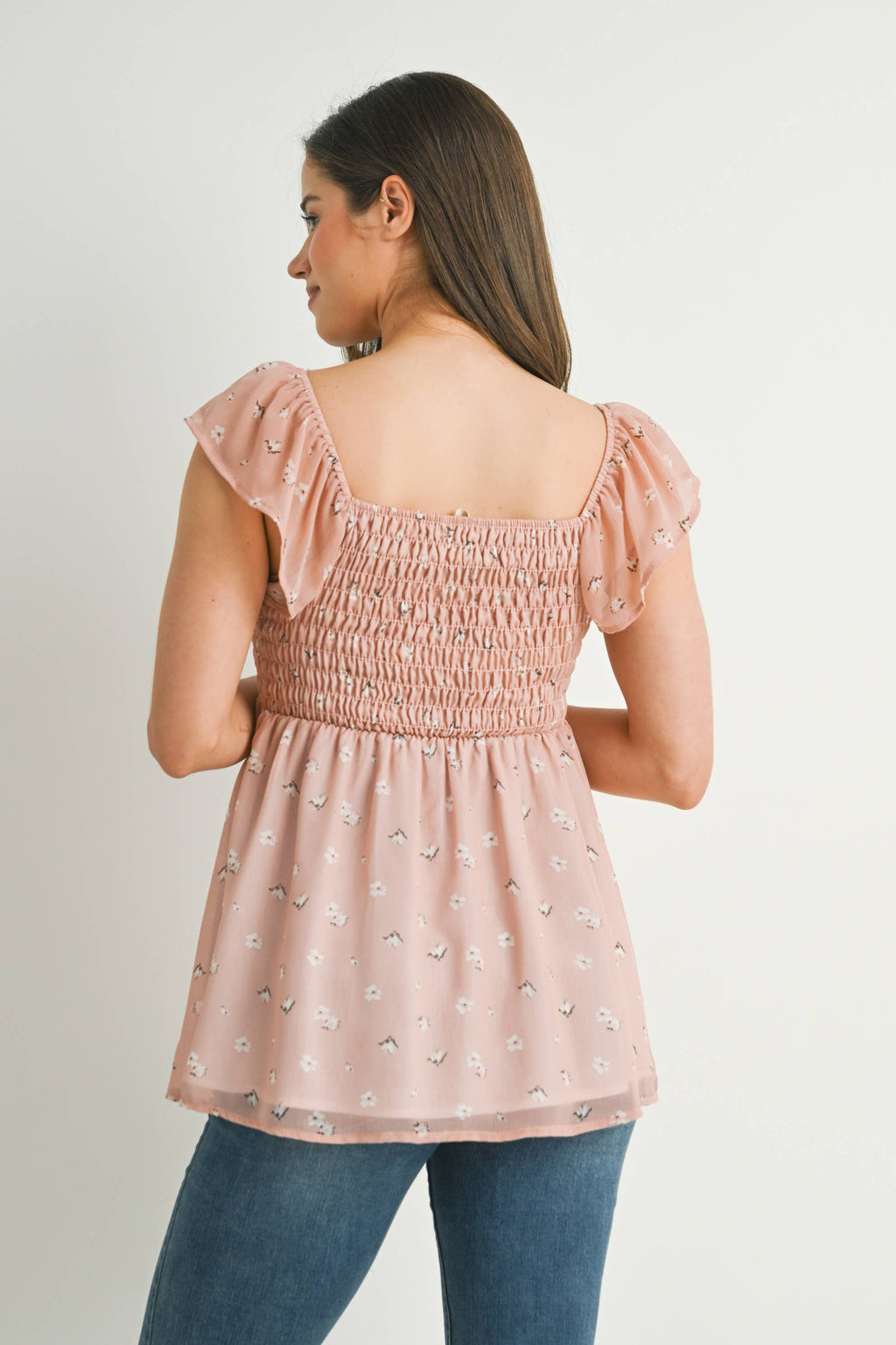 Blush Floral Flutter Sleeve Maternity Smocked Top