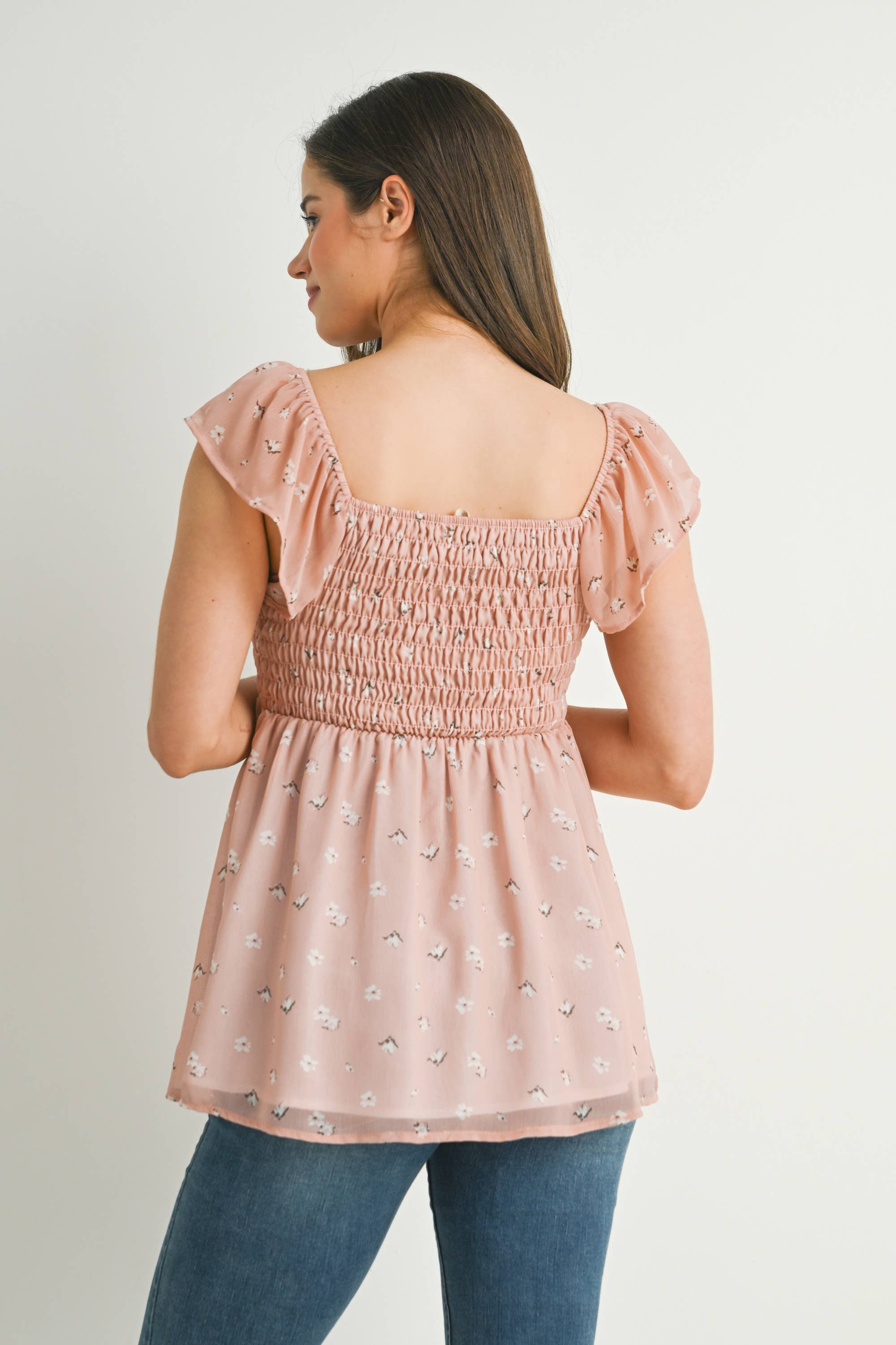 Blush Floral Flutter Sleeve Maternity Smocked Top