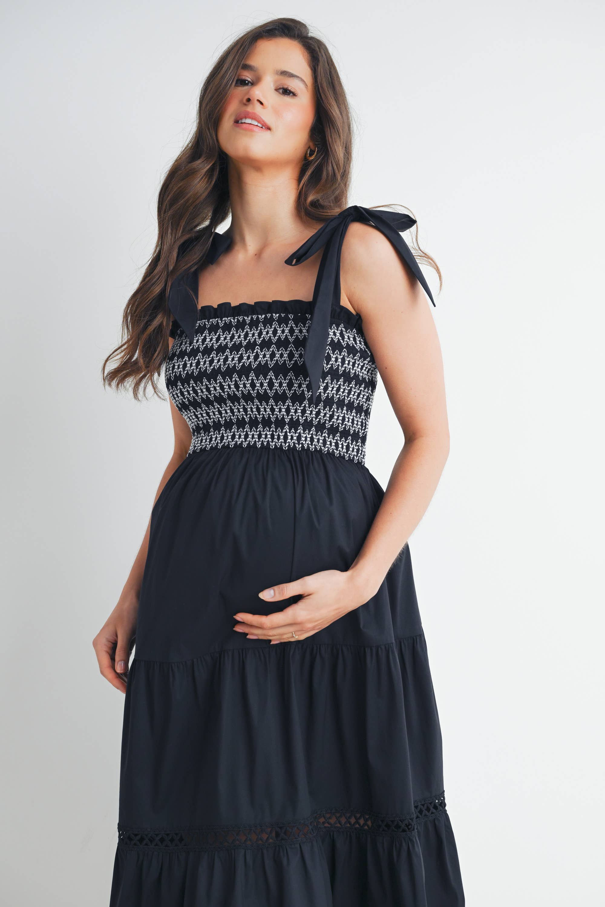 Black Smocked Tie-Strap Maternity Ruffle Midi Dress